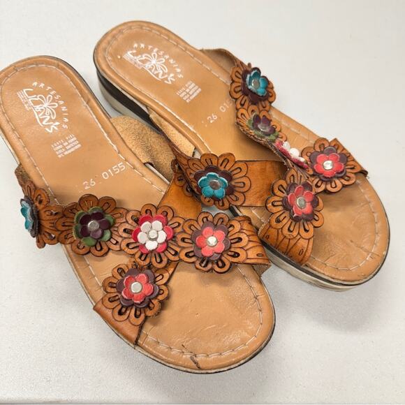 Lilian’s Tan Leather Colorful Flower Sandals Womens 10.5 Platform Beachy Summer - Picture 1 of 7
